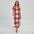 Beige Red And White Argyle Pattern Print Short Sleeve Maxi Dress