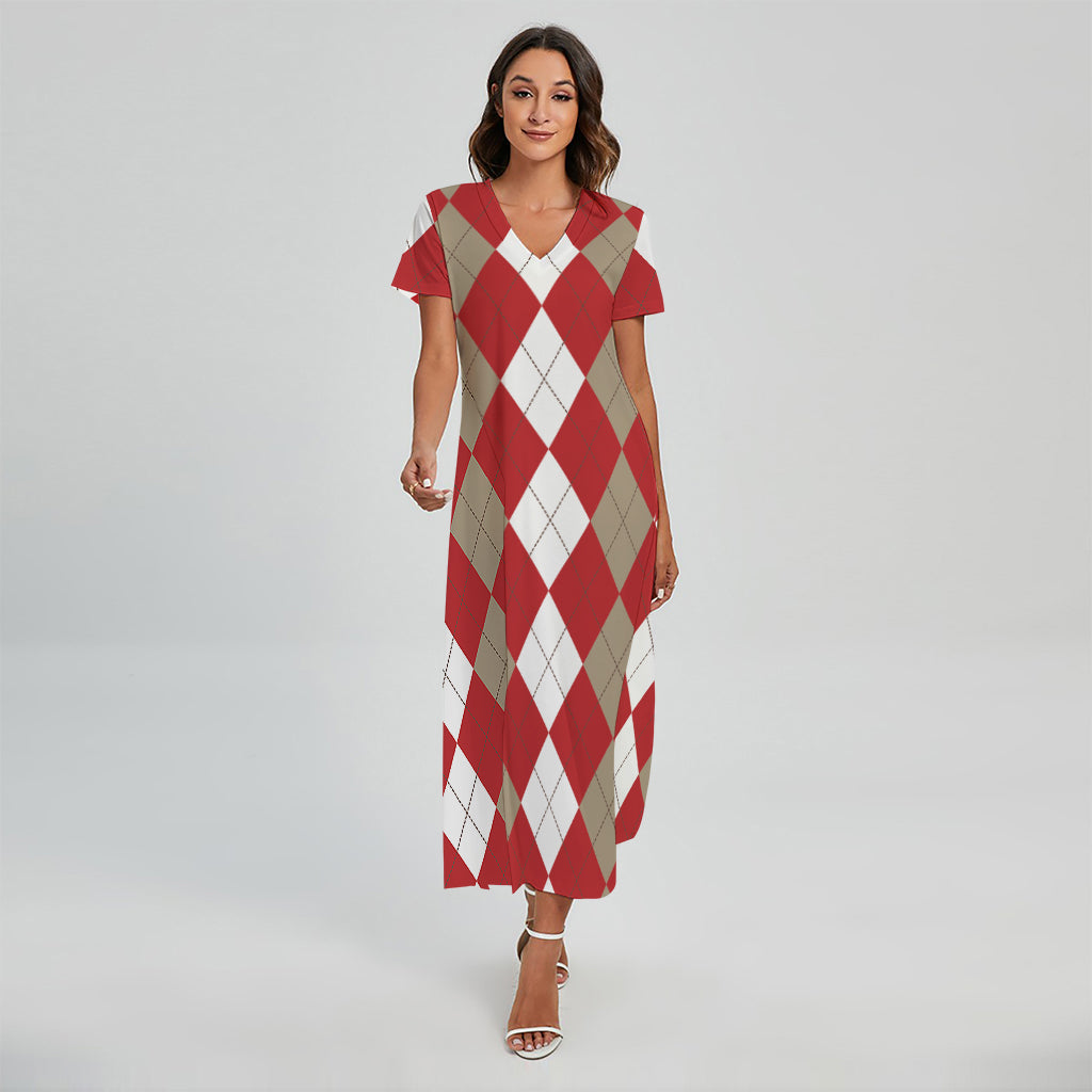 Beige Red And White Argyle Pattern Print Short Sleeve Maxi Dress