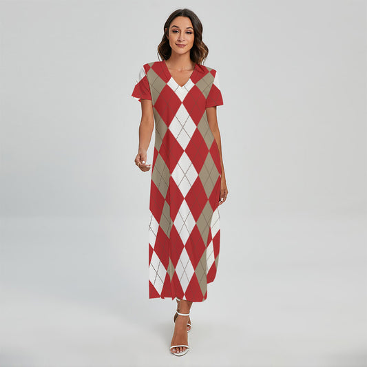 Beige Red And White Argyle Pattern Print Short Sleeve Maxi Dress