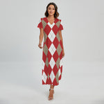 Beige Red And White Argyle Pattern Print Short Sleeve Maxi Dress