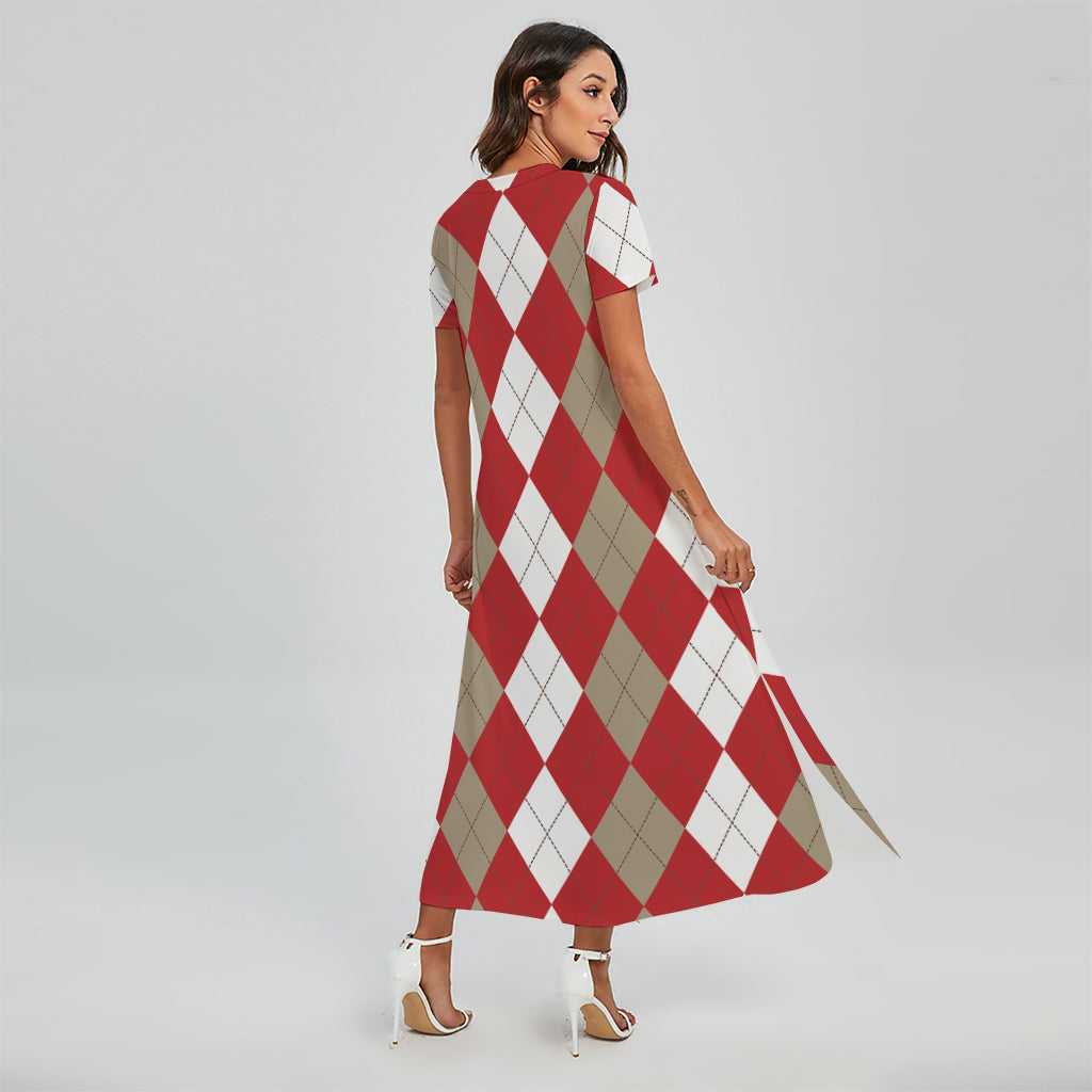 Beige Red And White Argyle Pattern Print Short Sleeve Maxi Dress