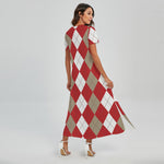 Beige Red And White Argyle Pattern Print Short Sleeve Maxi Dress