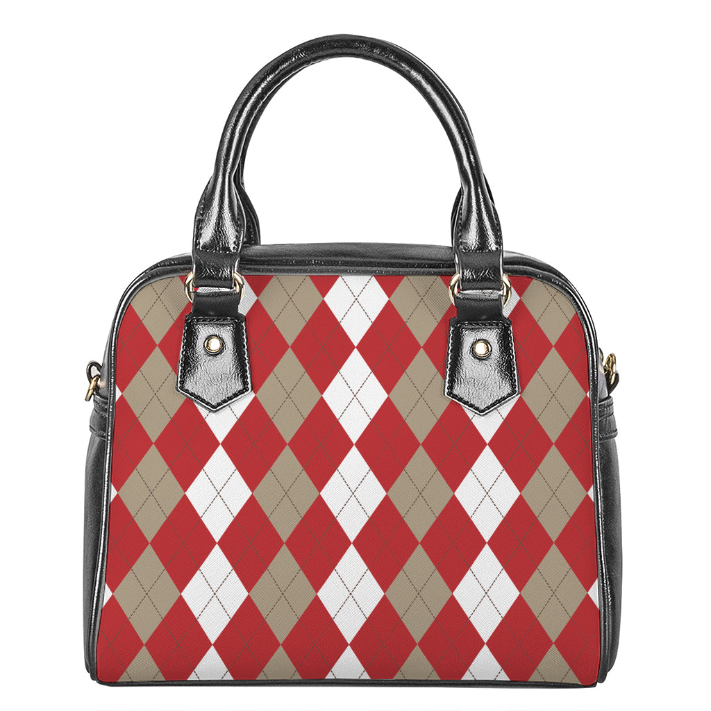 Beige Red And White Argyle Pattern Print Shoulder Handbag