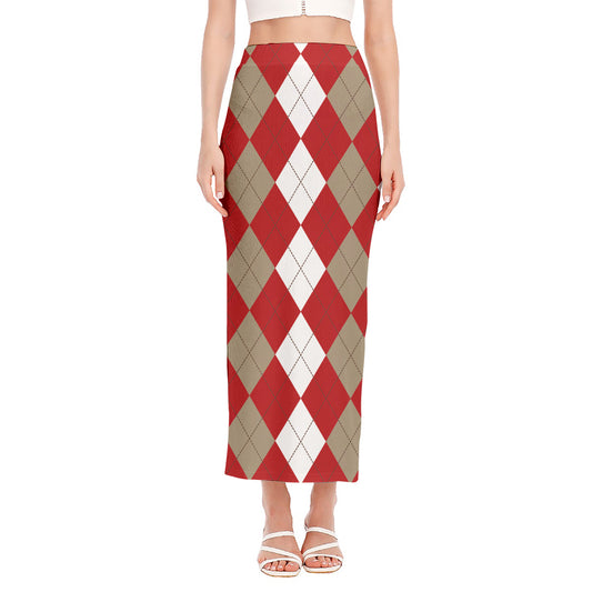 Beige Red And White Argyle Pattern Print Side Slit Maxi Skirt
