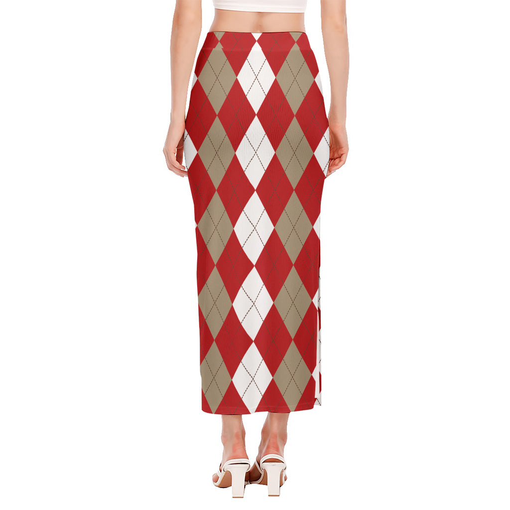 Beige Red And White Argyle Pattern Print Side Slit Maxi Skirt