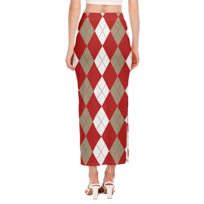 Beige Red And White Argyle Pattern Print Side Slit Maxi Skirt