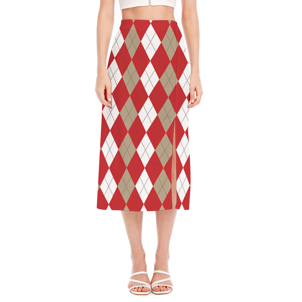 Beige Red And White Argyle Pattern Print Side Slit Midi Skirt