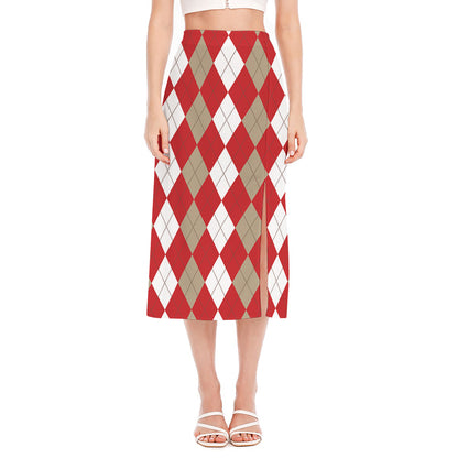 Beige Red And White Argyle Pattern Print Side Slit Midi Skirt