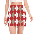 Beige Red And White Argyle Pattern Print Side Slit Mini Skirt