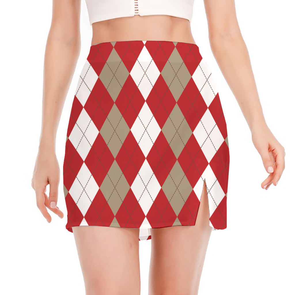 Beige Red And White Argyle Pattern Print Side Slit Mini Skirt