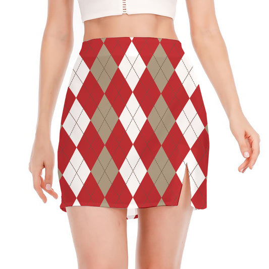 Beige Red And White Argyle Pattern Print Side Slit Mini Skirt
