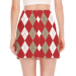 Beige Red And White Argyle Pattern Print Side Slit Mini Skirt