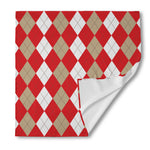 Beige Red And White Argyle Pattern Print Silk Bandana