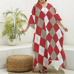 Beige Red And White Argyle Pattern Print Silk V-Neck Kaftan Dress