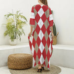 Beige Red And White Argyle Pattern Print Silk V-Neck Kaftan Dress