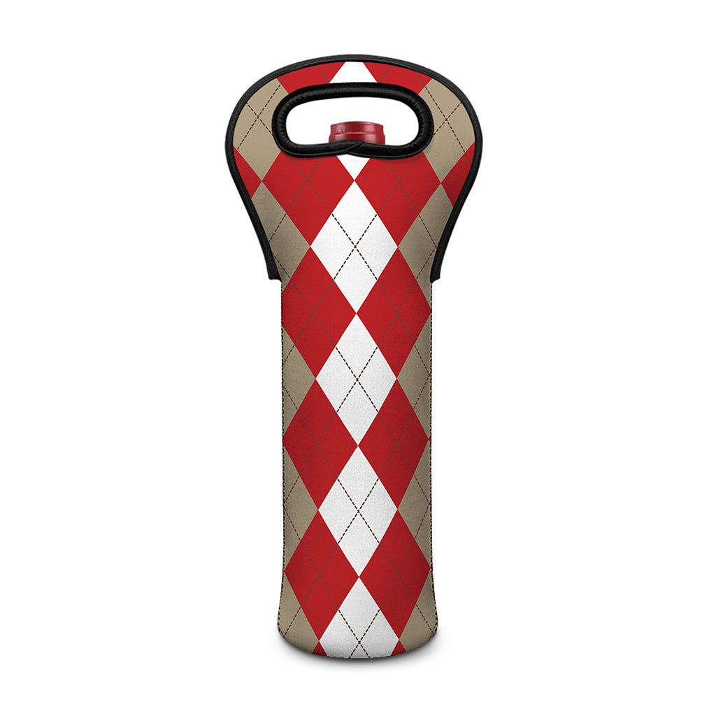 Beige Red And White Argyle Pattern Print Single Neoprene Wine Tote