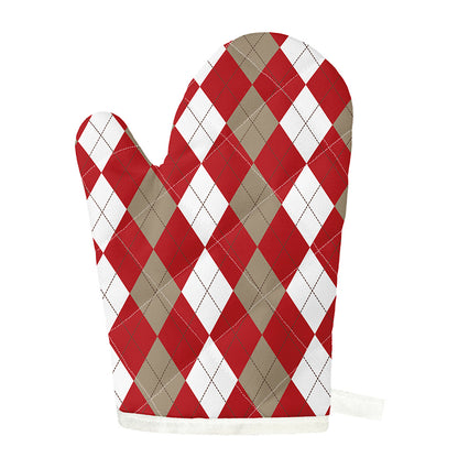 Beige Red And White Argyle Pattern Print Single Oven Mitt