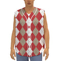 Beige Red And White Argyle Pattern Print Sleeveless Baseball Jersey