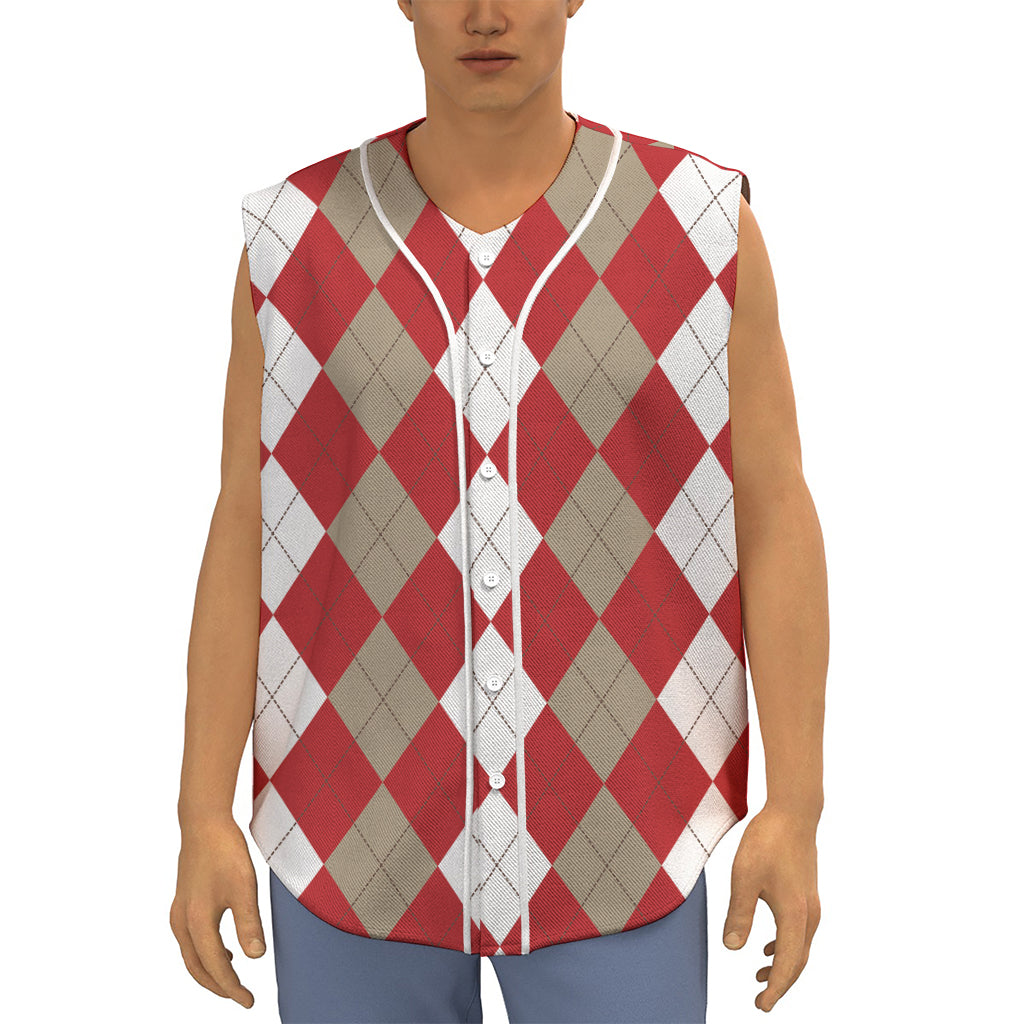Beige Red And White Argyle Pattern Print Sleeveless Baseball Jersey