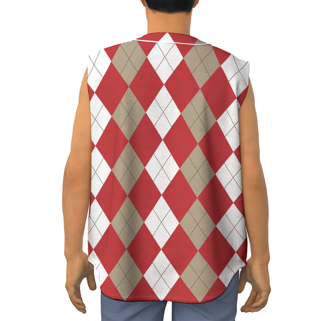 Beige Red And White Argyle Pattern Print Sleeveless Baseball Jersey