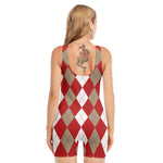Beige Red And White Argyle Pattern Print Sleeveless One Piece Swimsuit