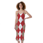Beige Red And White Argyle Pattern Print Slim Fit Midi Cami Dress