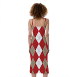Beige Red And White Argyle Pattern Print Slim Fit Midi Cami Dress