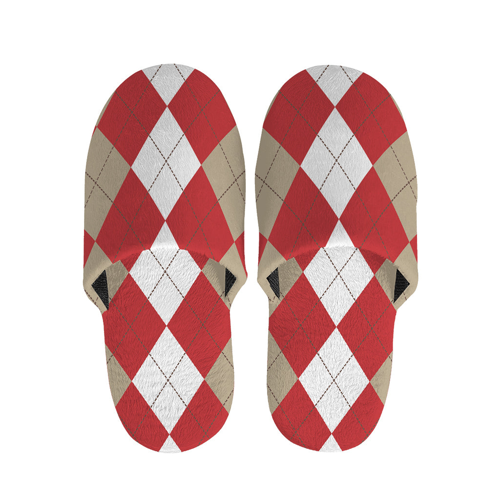 Beige Red And White Argyle Pattern Print Slippers