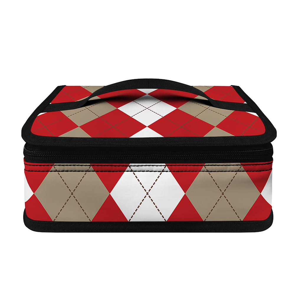 Beige Red And White Argyle Pattern Print Small Lunch Bag