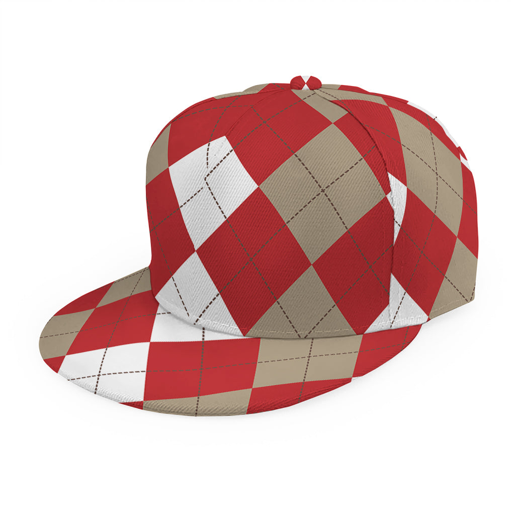Beige Red And White Argyle Pattern Print Snapback Cap