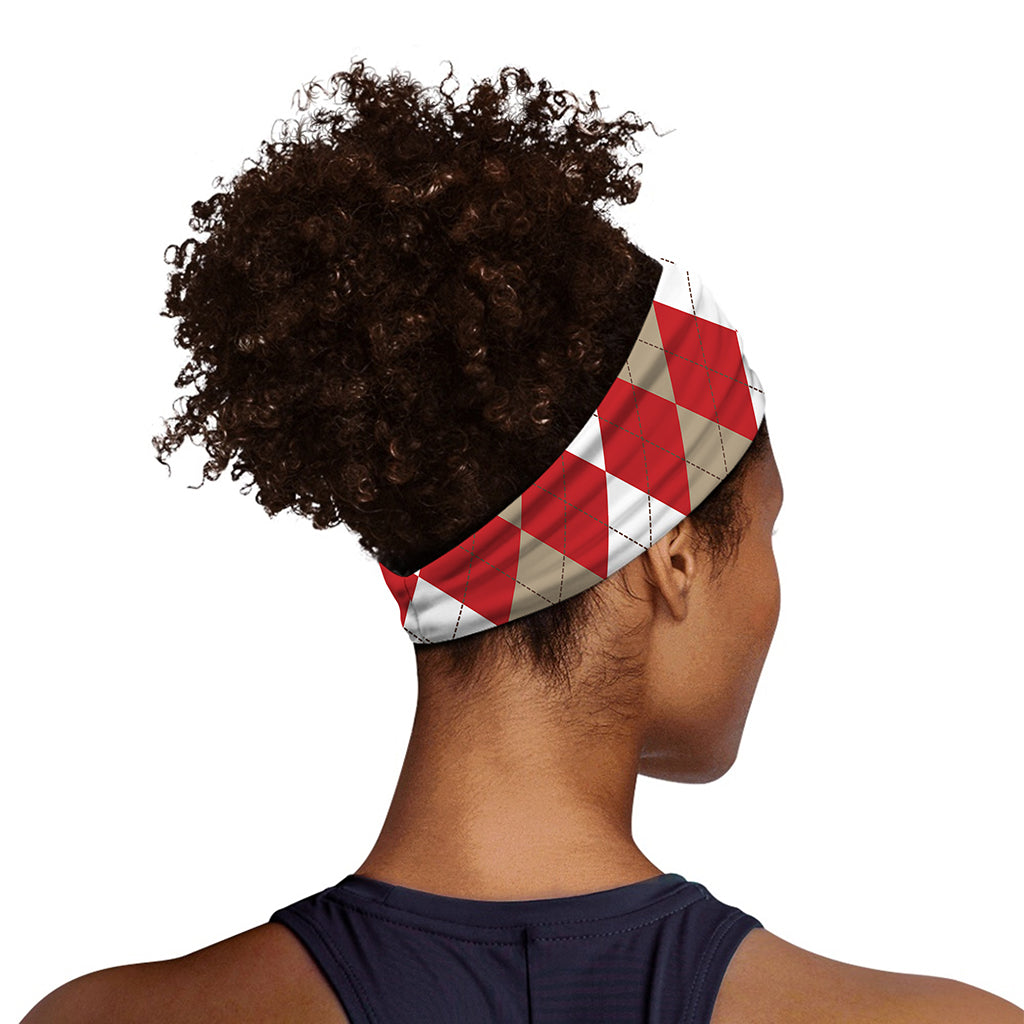 Beige Red And White Argyle Pattern Print Sports Headband