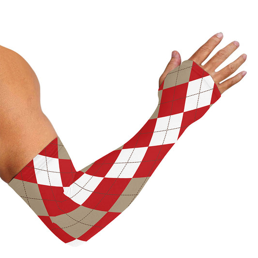 Beige Red And White Argyle Pattern Print Sun Protection Arm Sleeves