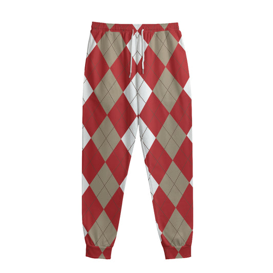 Beige Red And White Argyle Pattern Print Sweatpants