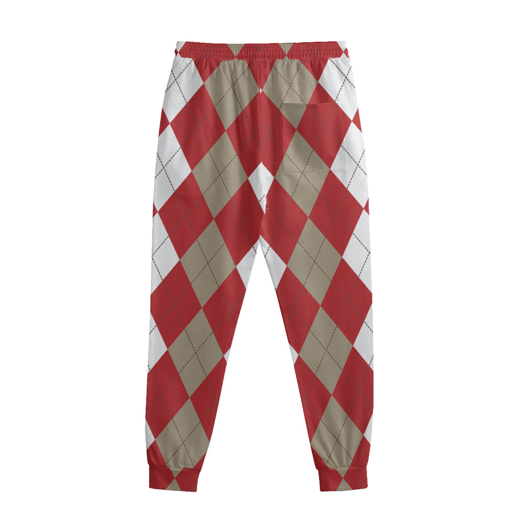 Beige Red And White Argyle Pattern Print Sweatpants