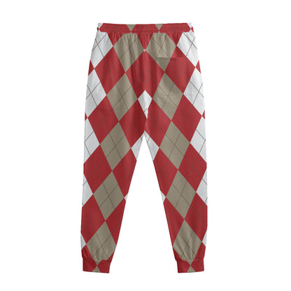Beige Red And White Argyle Pattern Print Sweatpants