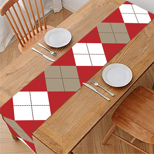 Beige Red And White Argyle Pattern Print Table Runner