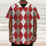 Beige Red And White Argyle Pattern Print Textured Short Sleeve Shirt