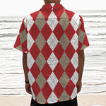 Beige Red And White Argyle Pattern Print Textured Short Sleeve Shirt