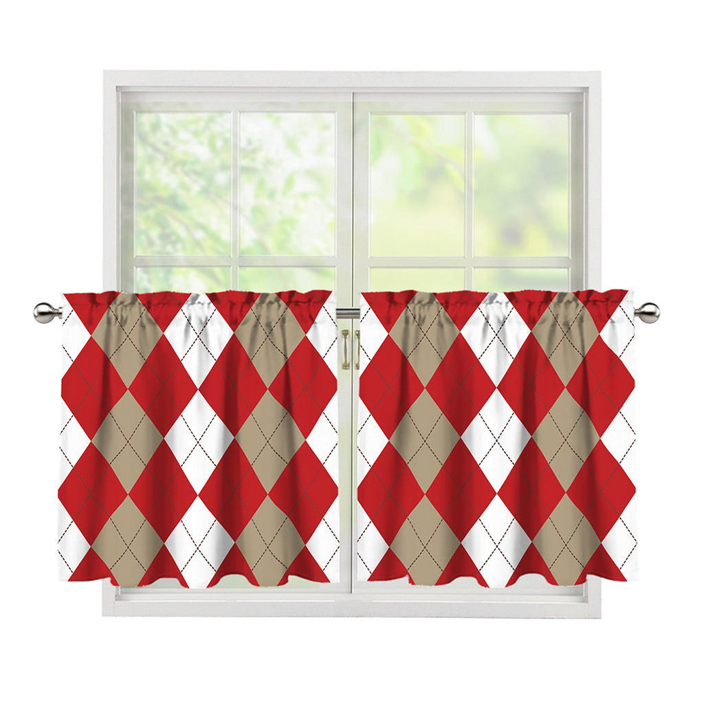 Beige Red And White Argyle Pattern Print Tier Curtains