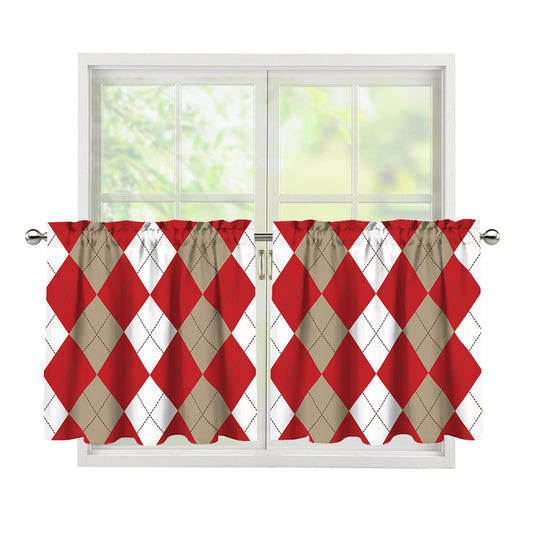 Beige Red And White Argyle Pattern Print Tier Curtains