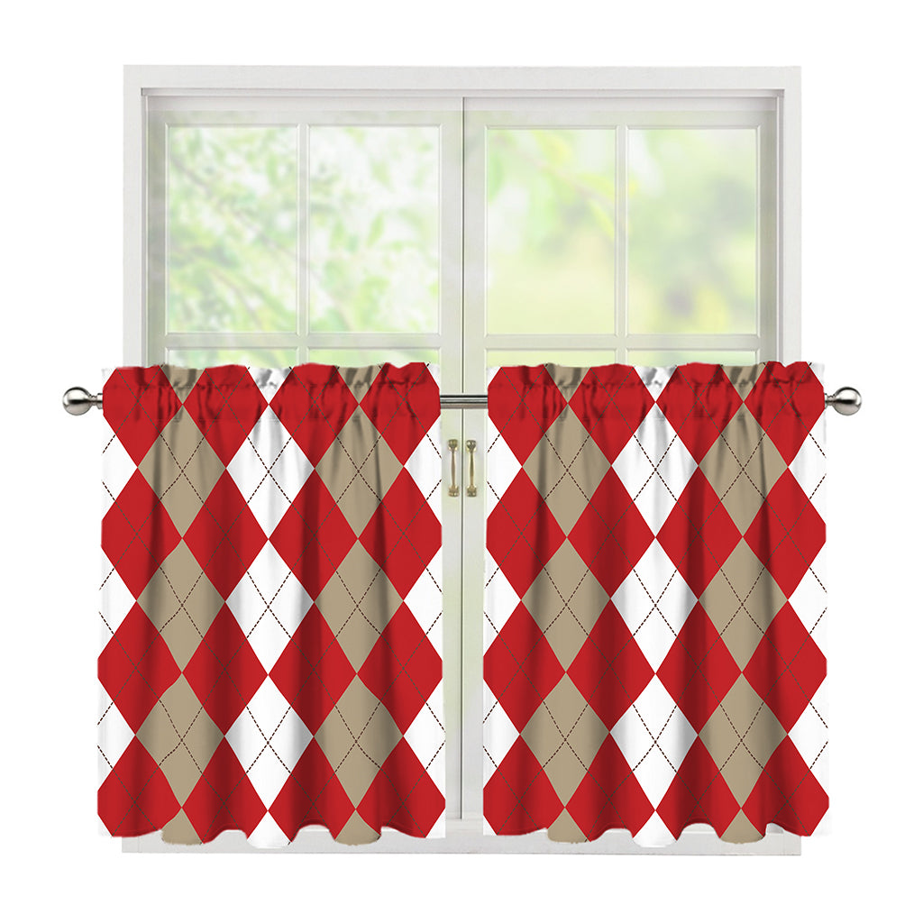 Beige Red And White Argyle Pattern Print Tier Curtains