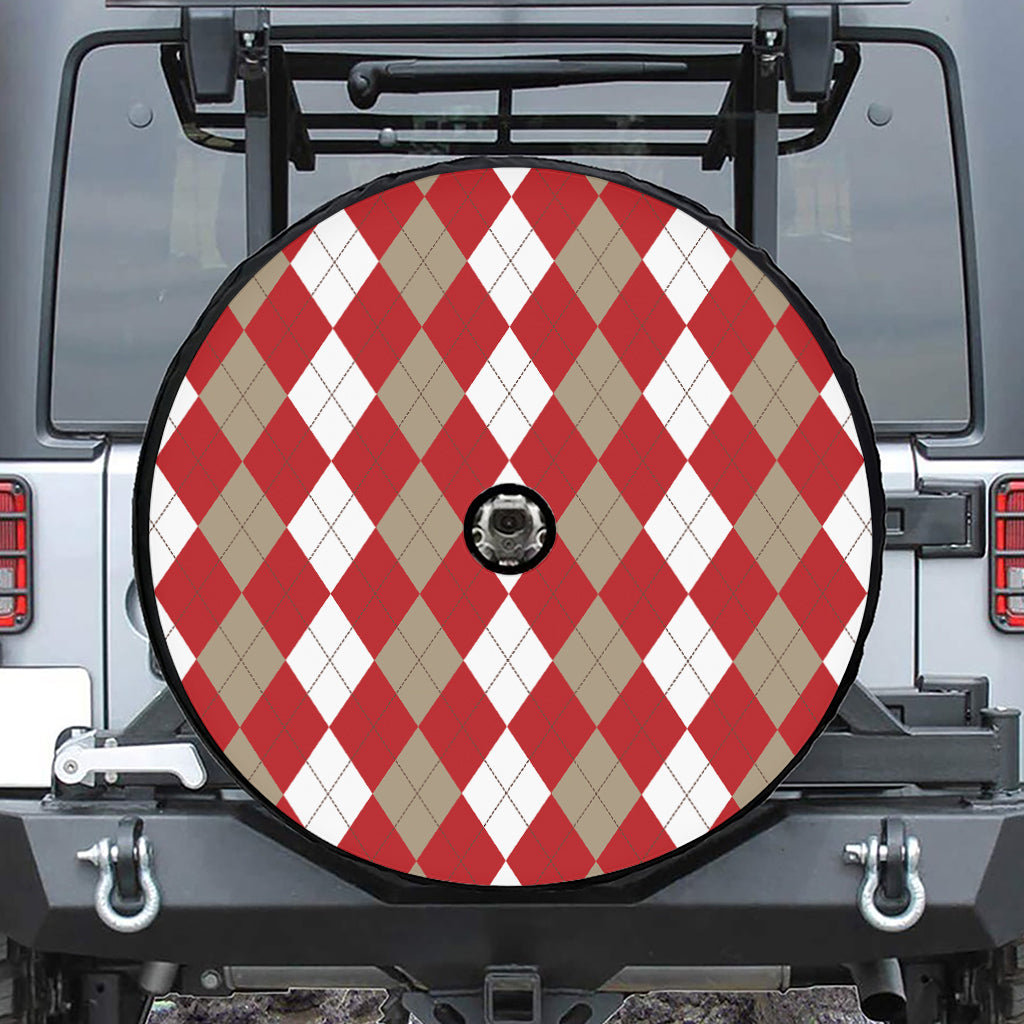 Beige Red And White Argyle Pattern Print Tire Cover With Camera Hole
