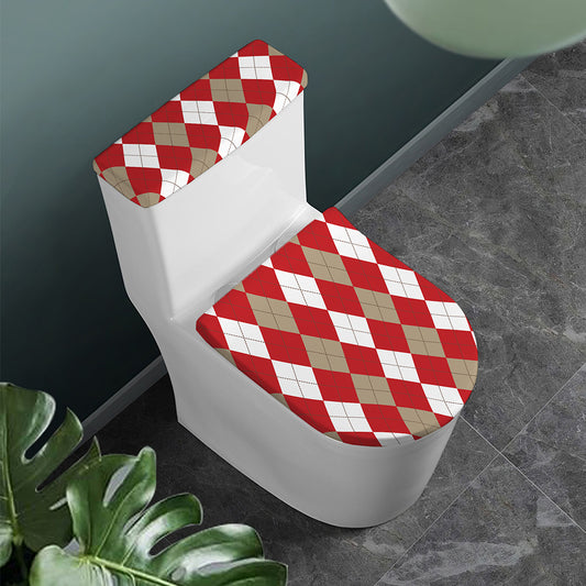 Beige Red And White Argyle Pattern Print Toilet Lid And Tank Cover Set