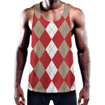 Beige Red And White Argyle Pattern Print Training Tank Top