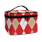 Beige Red And White Argyle Pattern Print Travel Makeup Bag