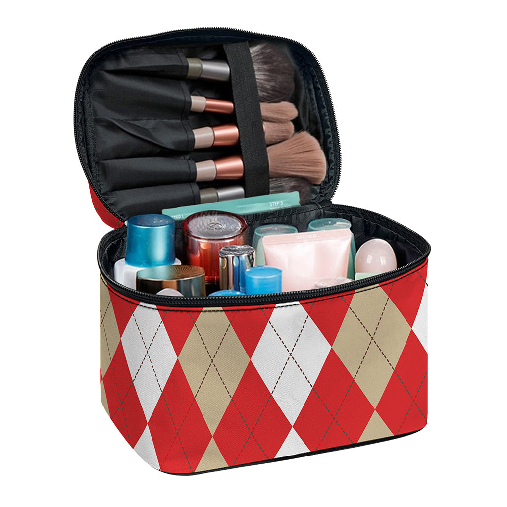 Beige Red And White Argyle Pattern Print Travel Makeup Bag