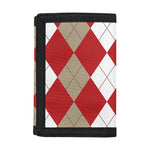 Beige Red And White Argyle Pattern Print Trifold Wallet