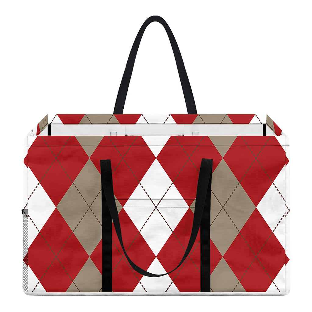 Beige Red And White Argyle Pattern Print Utility Tote Bag