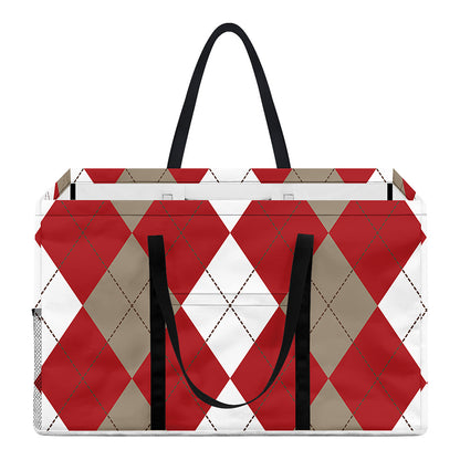 Beige Red And White Argyle Pattern Print Utility Tote Bag