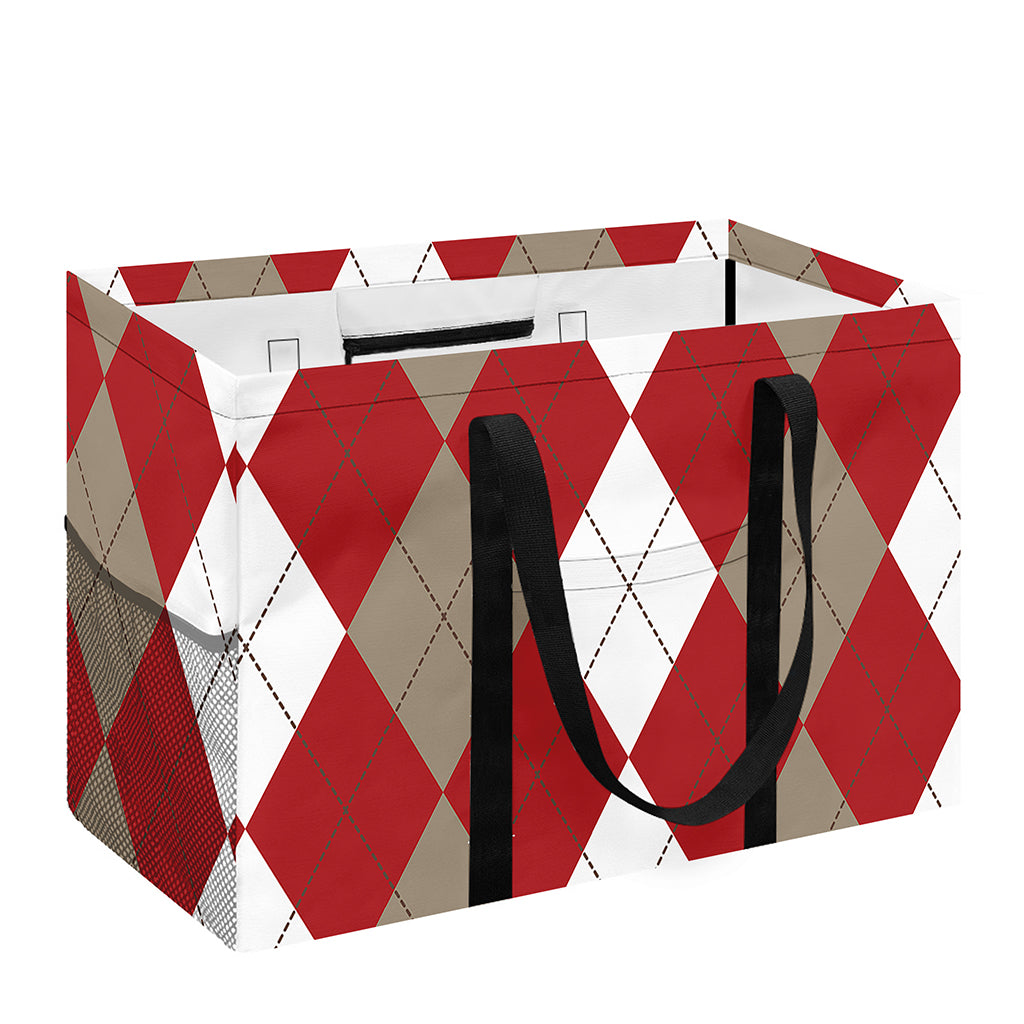 Beige Red And White Argyle Pattern Print Utility Tote Bag